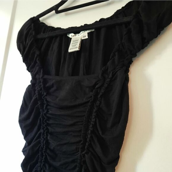 Max Studio Cap Sleeve Square Neck Ruched Ruffle Top Black - Picture 9 of 16